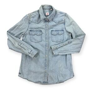 Lacoste Live Denim Pearl Snap Shirt Women's M Long Sleeve Light Wash